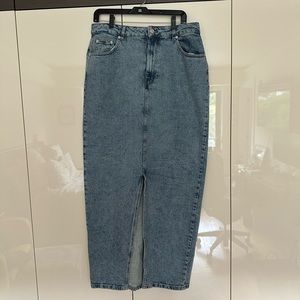 ASOS DESIGN Tall denim midi skirt with split hem in midwash